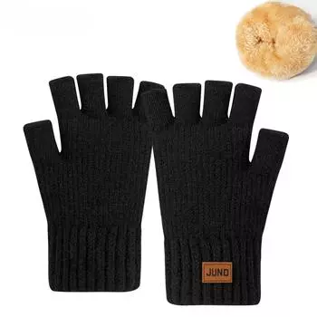 Thickened Leaky Finger Gloves In Autumn and Winter Plus Velvet Knitted Cold and Warm Half Part Writing Wool Double Layer Half Finger Gloves One size