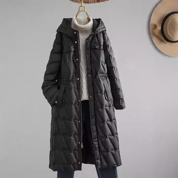 Утолщенная средняя и длинная пуховая куртка женская с капюшоном на талии из белого утиного пуха 2025 года, новая модная универсальная теплая куртка S чёрный