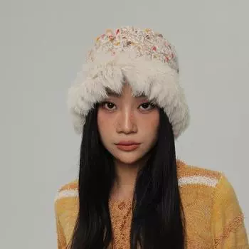 Thickened rabbit plush knitted hat women s autumn and winter cold wool hat, warm ear protection, small face atmosphere bucket hat One Size Elastic