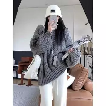 Thickened round Neck Cable Stitch Loose Retro Knitting Pullover Grey M Suggested 45.00 kg-52.50 kg
