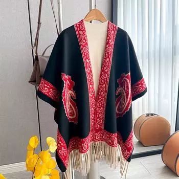 Утолщенная шаль, многостильная, этнический стиль, длинная кисточка, большая клетчатая жаккардовая накидка, шаль, шарф красный