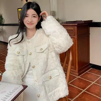 Thickened small fragrant style lamb wool coat women s 2024 autumn and winter versatile new outer wear plush loose top ins tide S (recommended 90-59kg)