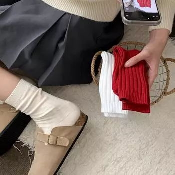 Thickened Stacking Socks Double Needle 12 Colors Trendy Versatile Solid Color China Red Women S Cotton Socks Medium Stockings One Size темно-синий