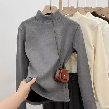 Thickened velvet half turtleneck warm silver fox velvet long-sleeved bottoming shirt for women in autumn and winter mid-collar integrated velvet top S