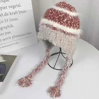 Thickened warm and cold-proof ear protection pullover hat, ethnic style striped splicing knitted wool hat, autumn and winter women M56-58cm бежевый