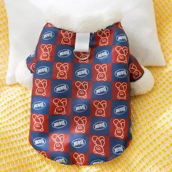 Thickened warm cat clothes hairless cat bear plaid print traction cotton-padded clothes teddy bear dog pet clothing M (recommended weight 5-4kg)