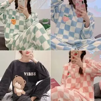 Thickened Warm Flannel Ladies Pajamas Set Long Sleeves Autumn Winter Sleepwear Women Cartoon Bear Plaid Home Wear M