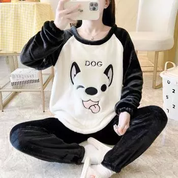 Thickened Warm Flannel Pajama Woman s Winter Cartoon Bear Dinosaurs Dog Cat Print Homewear Large Size Soft Sleepwear 2PCS/Set M