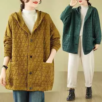 Утепленная куртка женская весна-осень стеганая клетчатая стеганая хлопковая куртка с капюшоном куртка на пуговицах 2XL чёрный