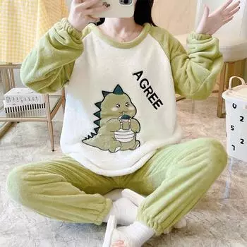 Утепленная теплая пижама женская зимняя с рисунком медведя, динозавра, собаки, кошки, принт, домашняя одежда, большой размер, мягкая одежда для сна, 2 шт./комплект M