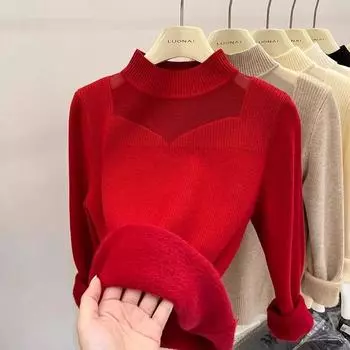 Thickened Winter Single-Layer Fleece-Lined Mesh Mock Neck Sweater Red S Suggested 37.50 kg-45.00 kg
