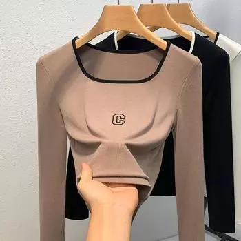 Thin Base Shirt for Women New Women s Contrasting Color Long-sleeved Letters T-shirt Waist-closed Inner Square Collar Top S