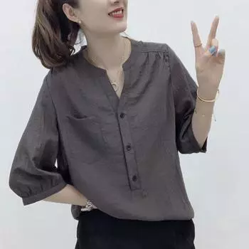 Thin Blouses Summer New Design Sense Niche Style V-neck Half Sleeve Shirt Tops Fashion Loose Fit Slimming Shirt Grey M([45.00 kg-60.00 kg]])