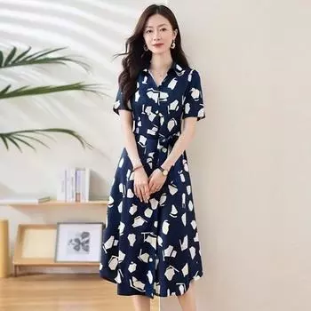 Thin Cotton Mid-Sleeve Pocket 24 Summer Chubby Girl Casual Shirt Shades of blue and white Print 2XL