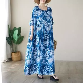 Thin Cotton Round Neck Tie Dye Printed Simple Medium Long Dress for Women Casual Dresses M синий