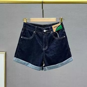 Thin Denim Shorts Women s Summer New Arrival Elastic High Waist Slimming European Goods Flanging Dark Blue Straight-leg Hot Pants 2023 Tibetan Blue EUR26