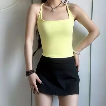 Thin Drawstring Beauty Back Sling Yoga Clothes Vest Strap Chest Pad Fixed Cup Shockproof Sports Underwear Color Matching Pilates Bra Light yellow M