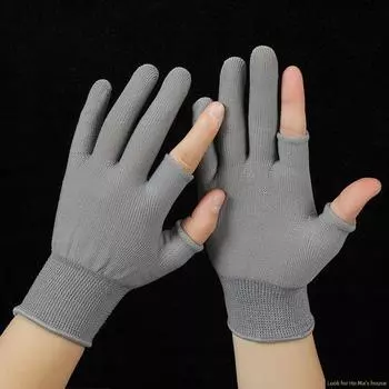 Thin Exposed Two-Finger Wear-Resistant Breathable Labor Gloves Men s Nylon Work Gloves Women Half-Finger Anti-Static Industrial Tea Picking Grey Dew two fingers 5 pairs All yards