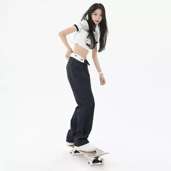 Thin Fashion High Street Flanging Print Casual Working Pants Navy blue Long S