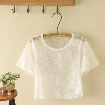 Thin Gauzy Lace Shirt High Waist Short round Neck Blouse Outer Wear Loose Casual Voile Transparent Mesh Fairy Tops White flat mouth 3XL
