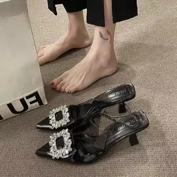 Thin heel bag head sandals versatile - new Korean version of women s shoes with skirt transparent high heels temperament rhinestone pointed shoes 35