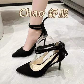 Thin heel high heel 2025 new high-end sexy pure desire wind straps French high heels pure desire black pointed single shoes 35