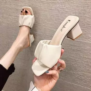 Thin heel one-word drag women s outer wear fashion 2025 new versatile sexy square head sandals high-heeled women s slippers summer 34