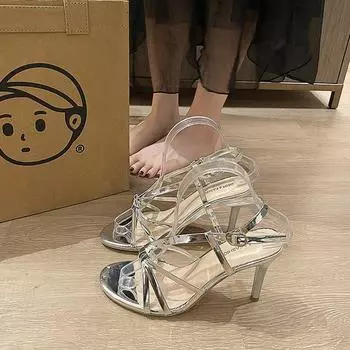 Thin heel pointed empty women s sandals summer 2025 new large size fashion temperament gold one-word buckle with European and American style 35