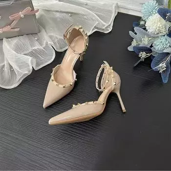 Thin heel pointed head 2025 new one-word buckle with bag head sandals temperament with skirt sexy rivets high heels women 34