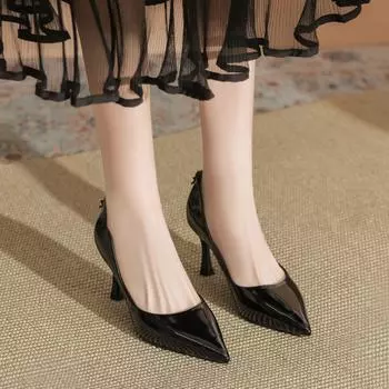 thin heel shallow mouth high heel shoes women s heel buckle metal buckle pointed women s shoes mirror lacquered leather shoes 34