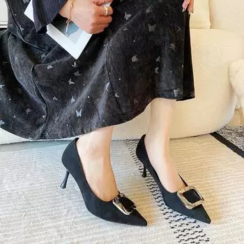 Thin heel single shoes women s spring 2025 new sexy leopard print suede ladyshoes metal square buckle shallow mouth pointed high heels 34 чёрный