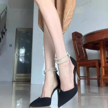 Thin heel super fairy temperament single shoes pointed high heels women s 2025 new design pearl one-word buckle belt black 34