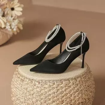 Thin heel temperament socialite pearl buckle belt pointed single shoes 2025 new fairy style black suede high heels women 34