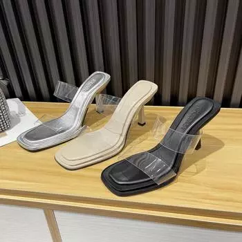 Тонкие каблуки Высокий каблук Современные шлепанцы Летняя уличная женская обувь на распродаже Модные однотонные неглубокие сексуальные женские шлепанцы 35