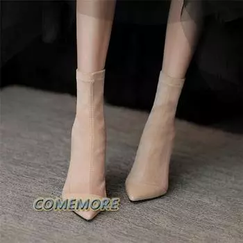 Thin Heels Women s Stretch Sock Boots Fashion Elegant Pointed Toe Short Booties Autumn Ladies Black Party Elegant Wedding Shoes 35 абрикосовый