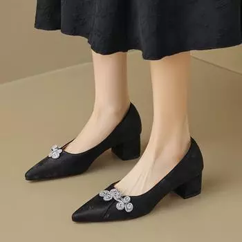 Thin High Heel Women Pumps Chinese Style Crystal Buckle Decorstion Pointed Toe Shallow Concise Dress Party Shoes Females 35 чёрный