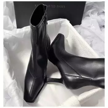 Женские ботильоны на тонком высоком каблуке, модные короткие ботильоны с острым носком, элегантная женская обувь 2024 года, зимние короткие плюшевые женские туфли-лодочки 35 чёрный
