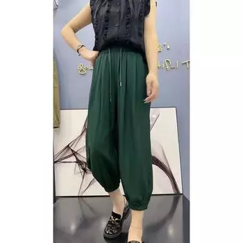 Thin K-style Cuprammonuium Plus Size Ladies Loose Cropped Pants Dark green M