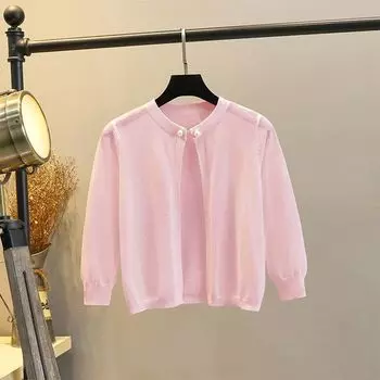 Thin Knitted Ice Silk Sunscreen Shawl Strappy Cardigan Pink(XY-8528) M