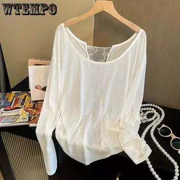Thin Lace Patchwork Back Hollowed Out T-shirt for Summer Irregular Design Long Sleeved Sun Protection Cover for Women M белый