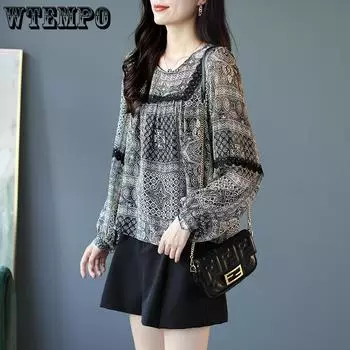 Thin Lace Patchwork Printed Chiffon Shirt for Women Long Sleeved Top Loose Spring T-shirt S чёрный