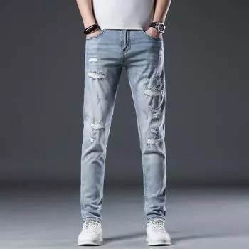 Thin Light Jeans Summer Slim Feet Elastic Casual Long Trousers for Men 28