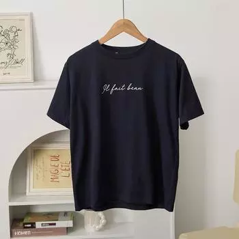Thin Loose Print T-shirt Tops round Neck Short Sleeve Navy blue 2L