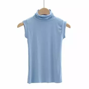 Thin Modal Cotton Sleeveless Turtleneck Women s T-shirt Stretch Silm Fashion Tight Elegant Silm Base Elegant Tops Light Blue S