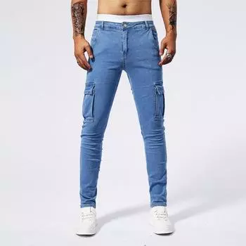 Thin Pants with Ties and Trousers with Multiple Pockets and Versatile Denim Trousers Workwear 29 синий