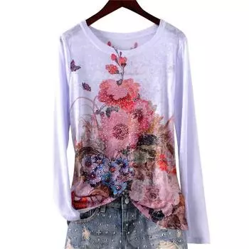 Thin Printed Slim-Fit Long Sleeve Bottoming Top Mulberry Silk Pink peach blossom M