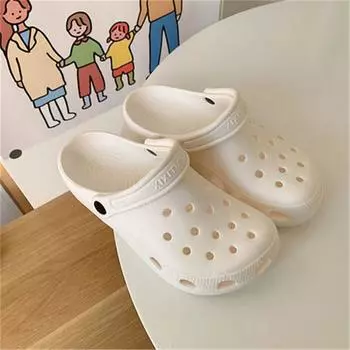 Thin Strip Couple Cute Cartoon Hole Shoes Summer Outwear Student Casual Eva Non Slip Soft Bottom Closed Toe Sandals No flower deduction cream White 38-39