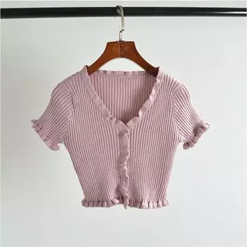 Thin V-neck Top Slim-Fit Short-Sleeved T-shirt Knitted Cardigan Lotus root color One size