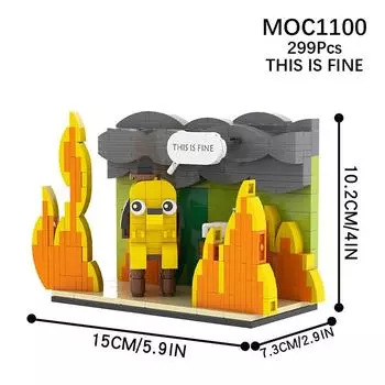 This Is Fine Dog Building Block Kit Cartoon Fire Meme Vignette Hound Dog Animal Brick Model Toy For Children Gifts