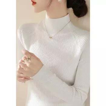 This Year s Popular Half-high Collar Slim fit Top Sweater 2025 Spring New Pullover Fleece Long sleeve Knit Base White 2XL([Recommended 65.00 kg-70.00 kg]])
